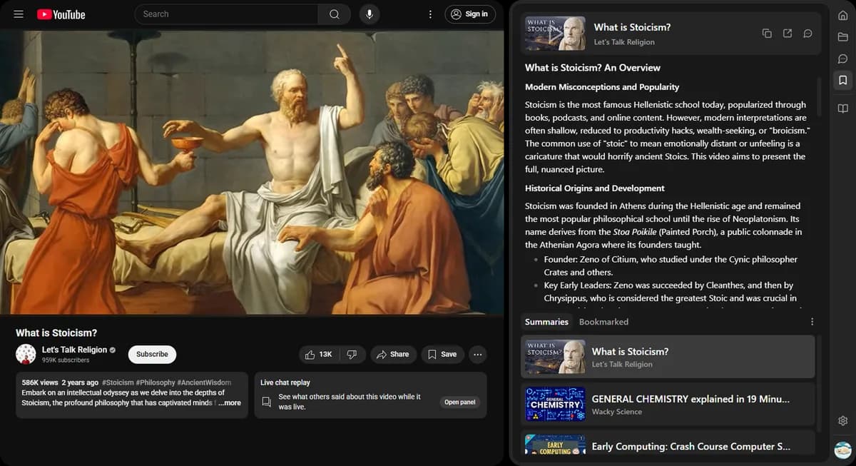 Dockbox YouTube summary in the Chrome sidebar